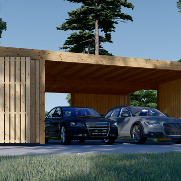 Double Wooden Carport With A Shed LUNA DUO F PLUS, 7.6x5.6 m