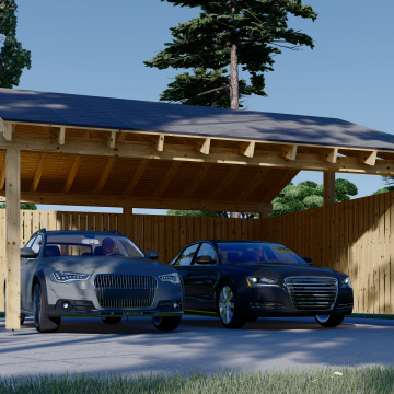 Double Wooden Carport LUNA DUO With L-shape Wall 6x6 m